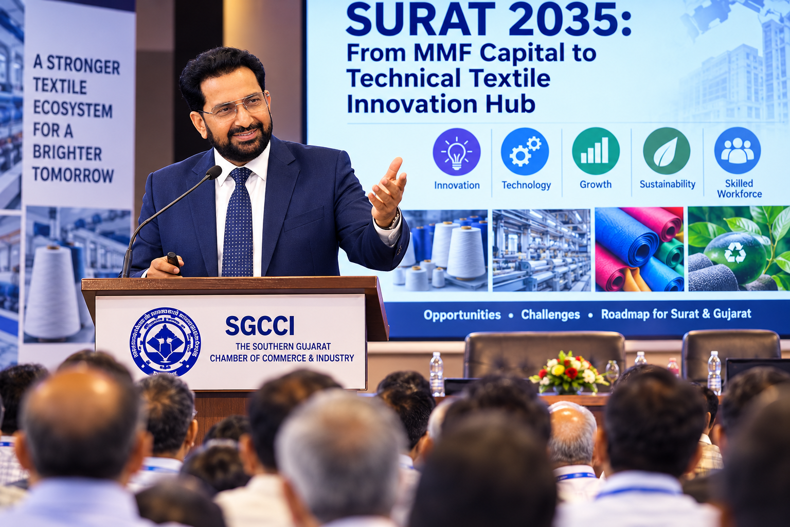 Amrish Bhatt presenting Surat 2035 textile innovation at an industry summit